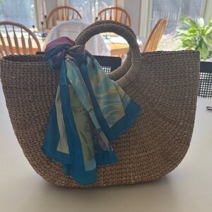 Woven Tote Bag with Blue Scarf Accent